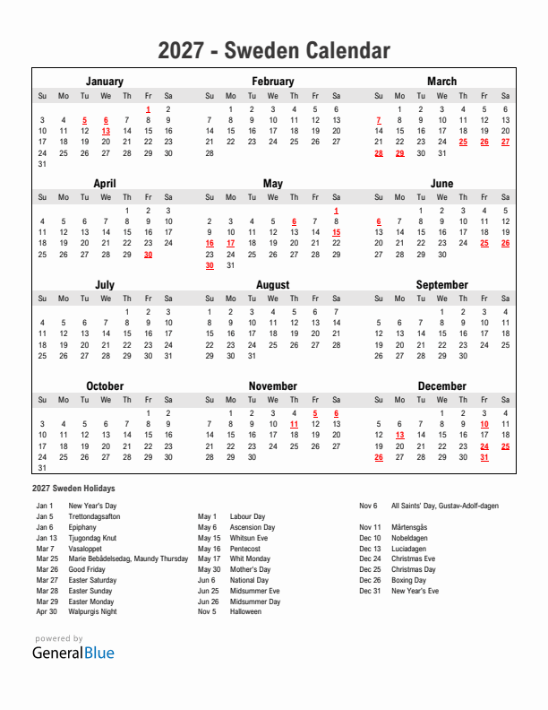 Year 2027 Simple Calendar With Holidays in Sweden