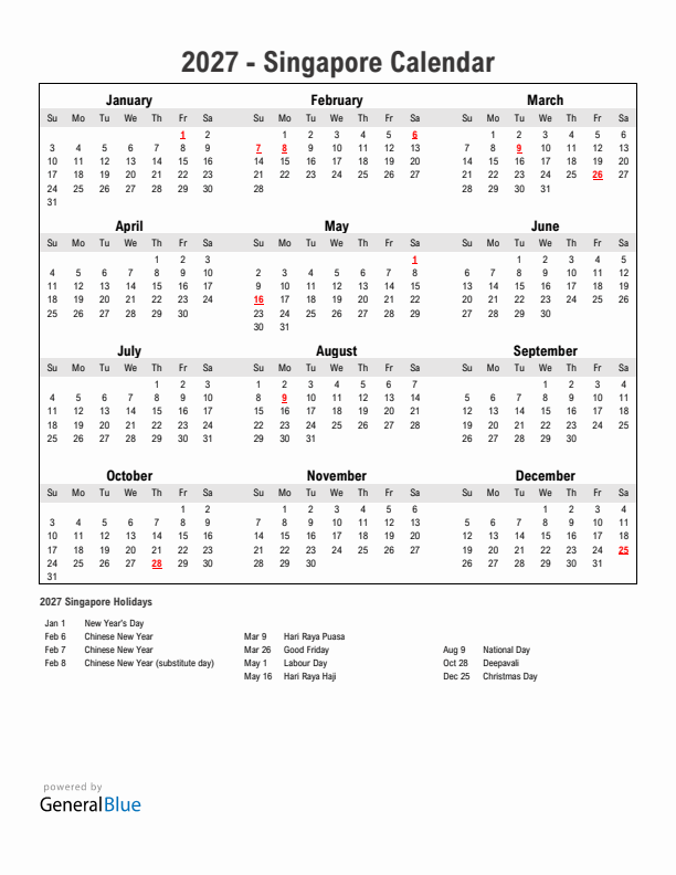 Year 2027 Simple Calendar With Holidays in Singapore