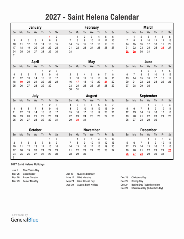 Year 2027 Simple Calendar With Holidays in Saint Helena