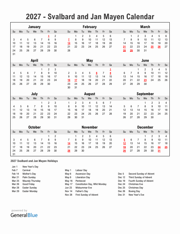 Year 2027 Simple Calendar With Holidays in Svalbard and Jan Mayen