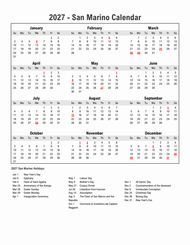 Year 2027 Simple Calendar With Holidays in San Marino