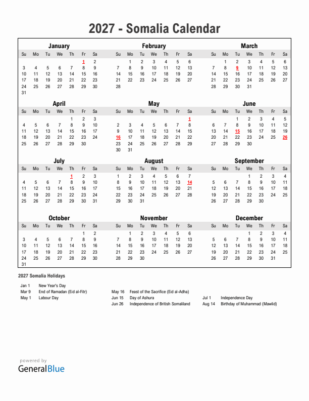 Year 2027 Simple Calendar With Holidays in Somalia