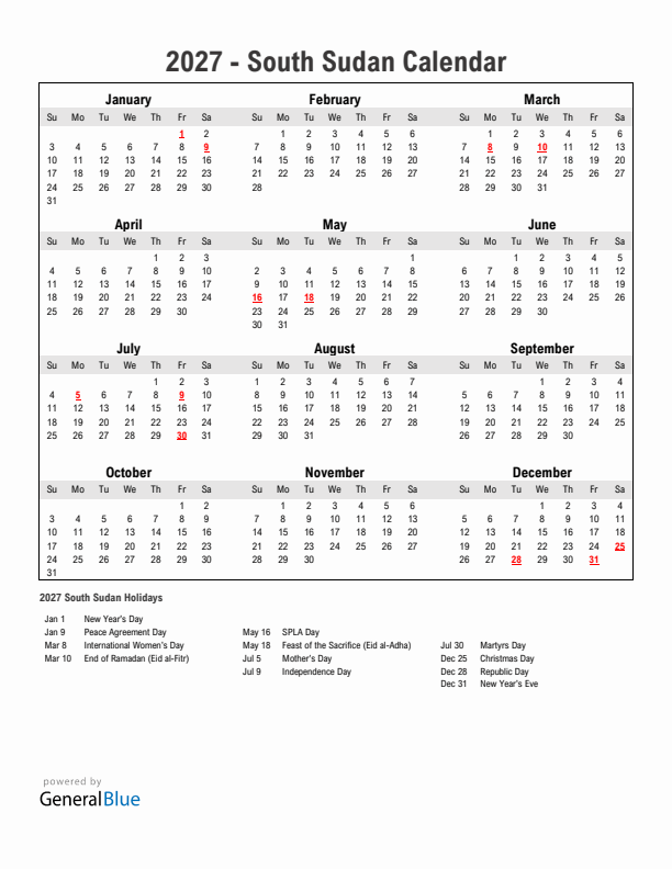 Year 2027 Simple Calendar With Holidays in South Sudan