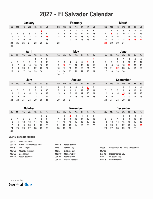 Year 2027 Simple Calendar With Holidays in El Salvador