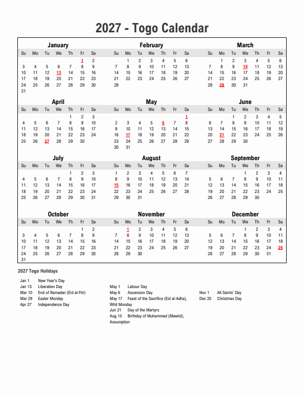 Year 2027 Simple Calendar With Holidays in Togo