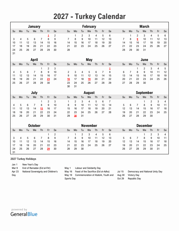 Year 2027 Simple Calendar With Holidays in Turkey