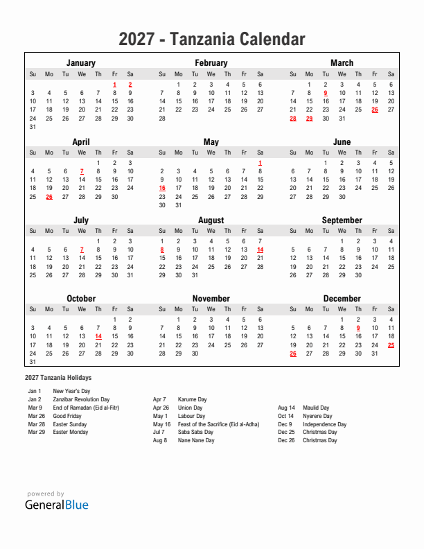 Year 2027 Simple Calendar With Holidays in Tanzania