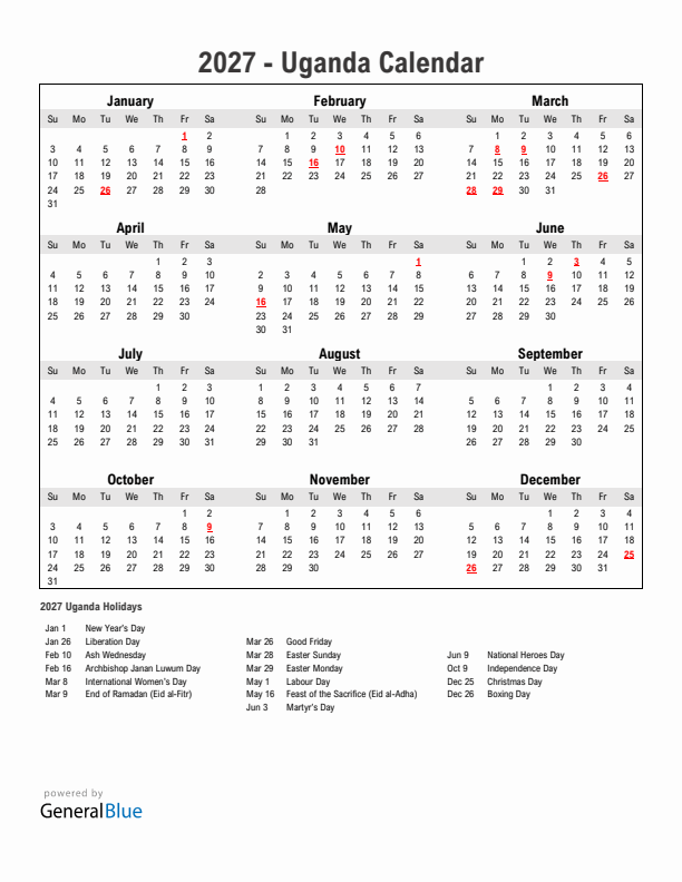 Year 2027 Simple Calendar With Holidays in Uganda