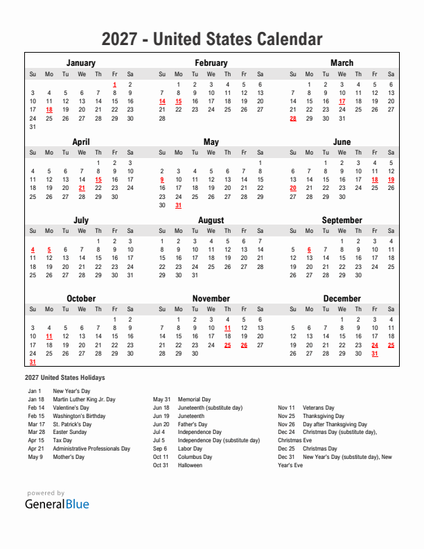 Year 2027 Simple Calendar With Holidays in United States