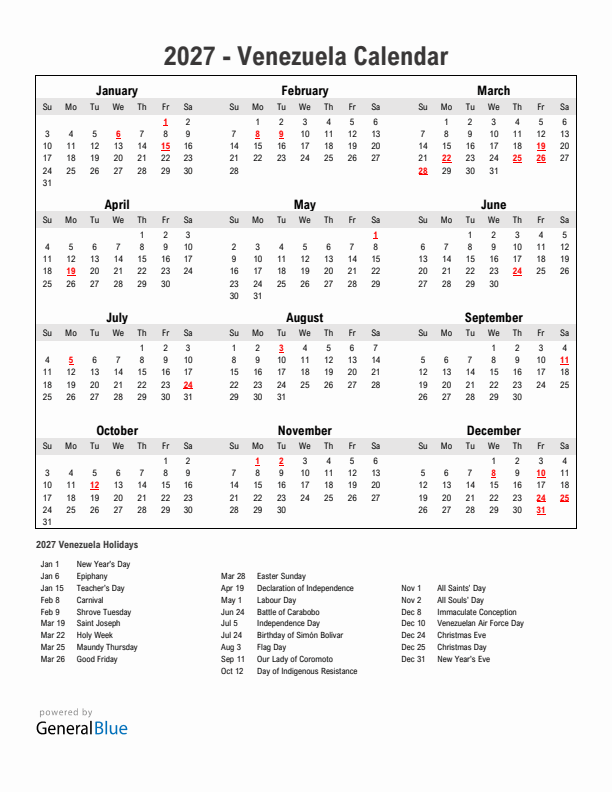 Year 2027 Simple Calendar With Holidays in Venezuela