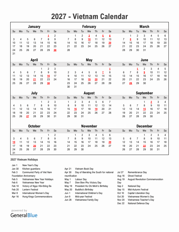 Year 2027 Simple Calendar With Holidays in Vietnam