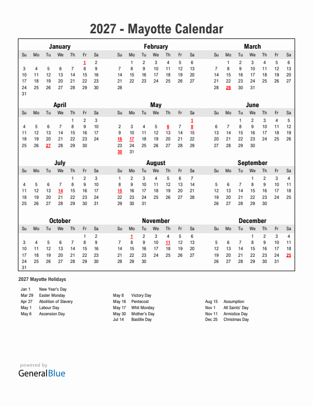 Year 2027 Simple Calendar With Holidays in Mayotte