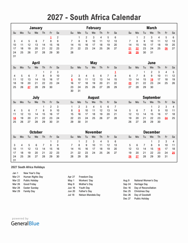Year 2027 Simple Calendar With Holidays in South Africa