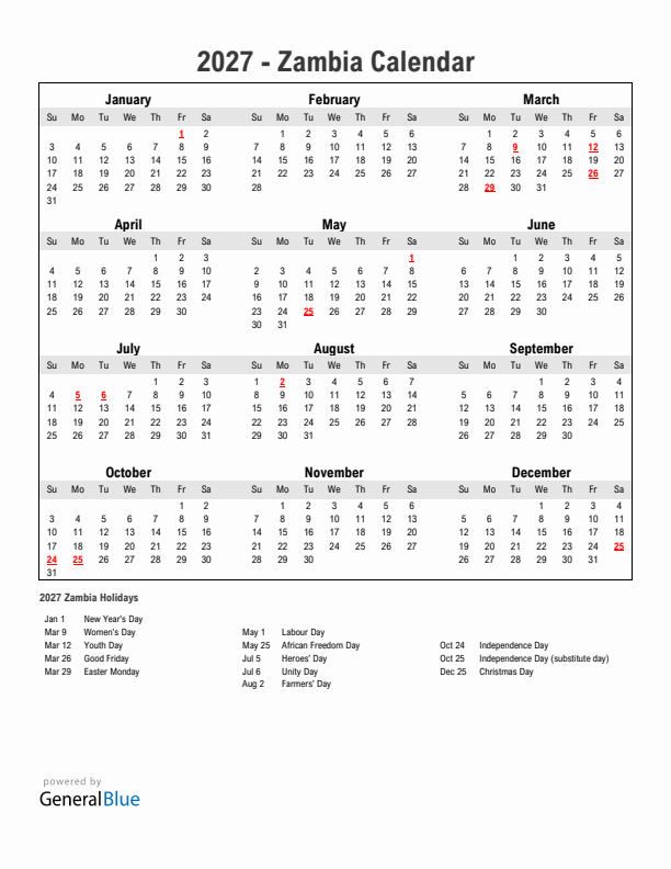 Year 2027 Simple Calendar With Holidays in Zambia