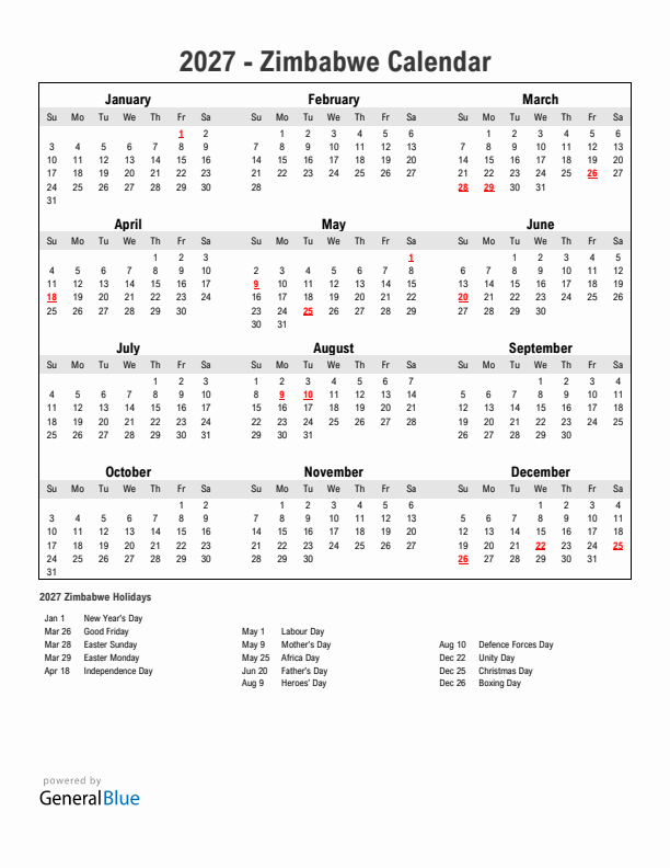 Year 2027 Simple Calendar With Holidays in Zimbabwe