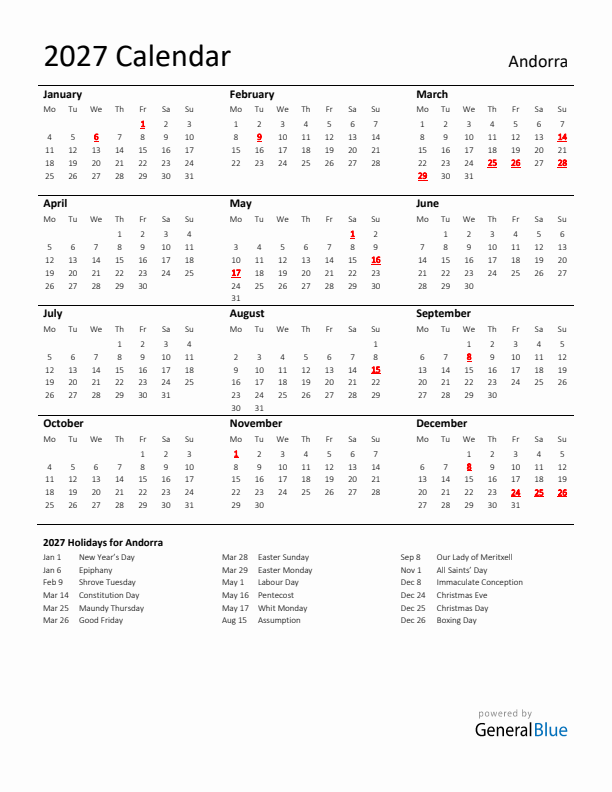 Standard Holiday Calendar for 2027 with Andorra Holidays 