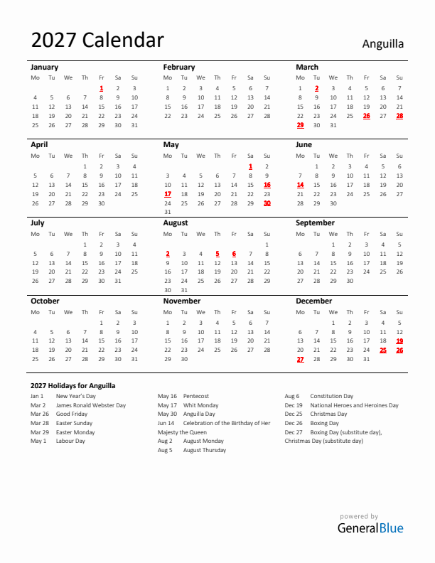 Standard Holiday Calendar for 2027 with Anguilla Holidays 