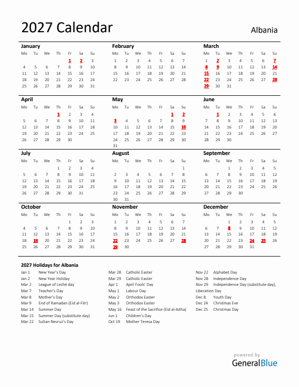Standard Holiday Calendar for 2027 with Albania Holidays 