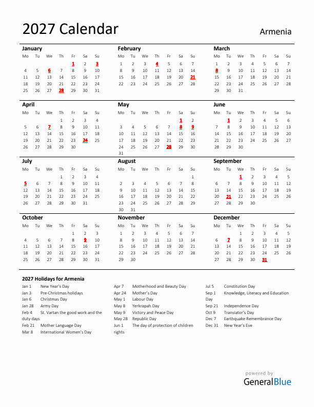 Standard Holiday Calendar for 2027 with Armenia Holidays 