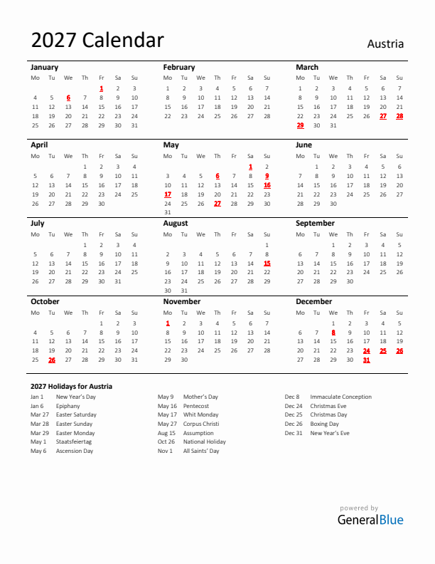 Standard Holiday Calendar for 2027 with Austria Holidays 