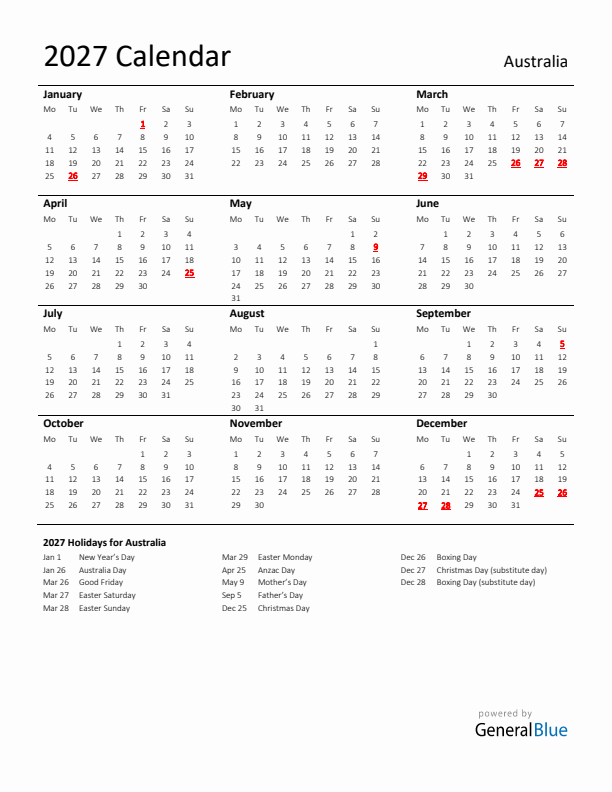 Standard Holiday Calendar for 2027 with Australia Holidays 