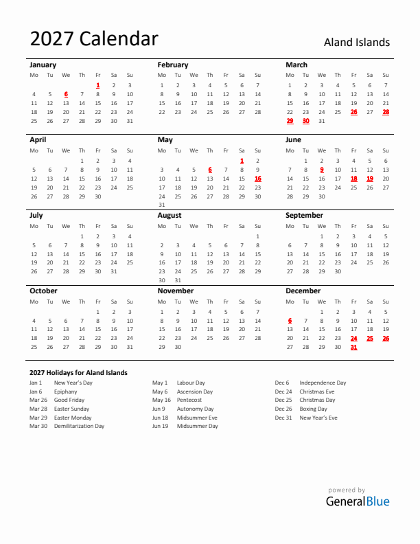Standard Holiday Calendar for 2027 with Aland Islands Holidays 