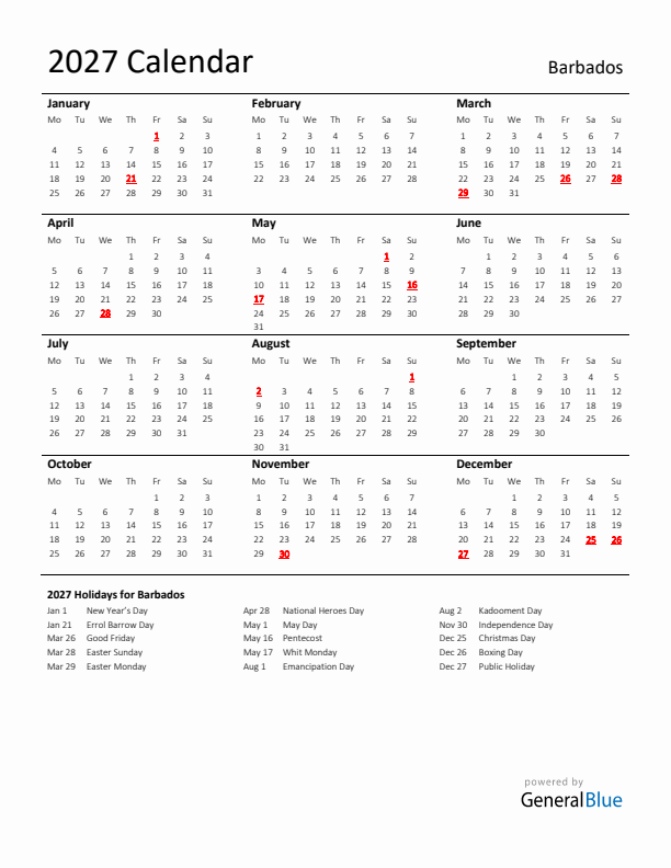 Standard Holiday Calendar for 2027 with Barbados Holidays 