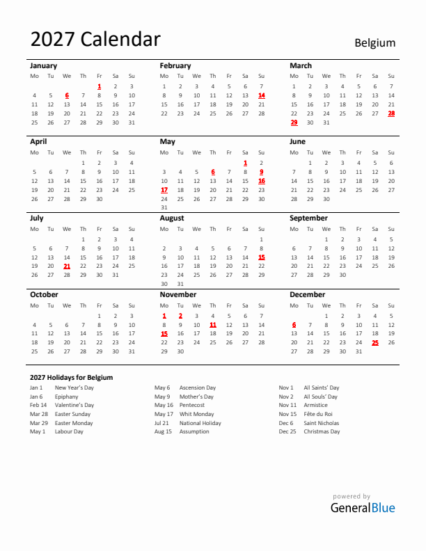 Standard Holiday Calendar for 2027 with Belgium Holidays 