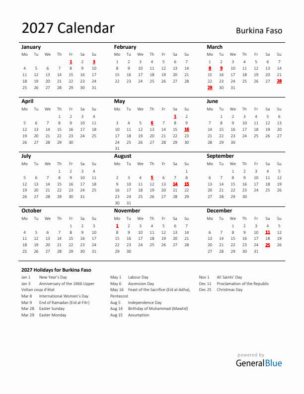 Standard Holiday Calendar for 2027 with Burkina Faso Holidays 