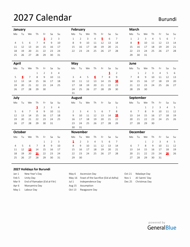 Standard Holiday Calendar for 2027 with Burundi Holidays 