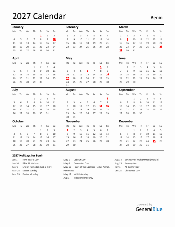 Standard Holiday Calendar for 2027 with Benin Holidays 