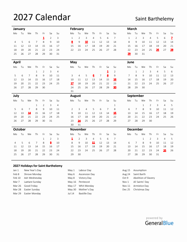 Standard Holiday Calendar for 2027 with Saint Barthelemy Holidays 