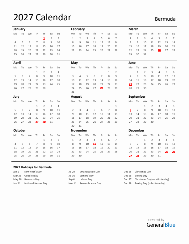 Standard Holiday Calendar for 2027 with Bermuda Holidays 