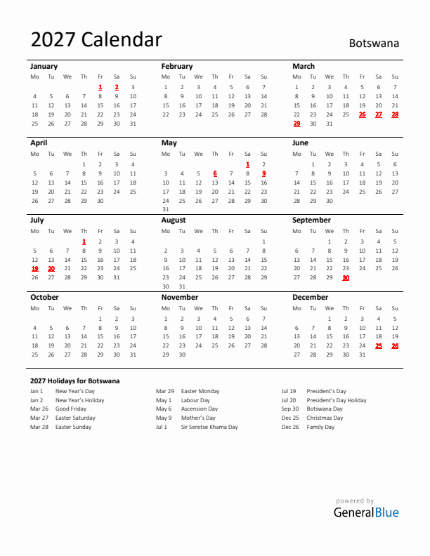 Standard Holiday Calendar for 2027 with Botswana Holidays 