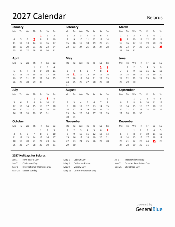 Standard Holiday Calendar for 2027 with Belarus Holidays 