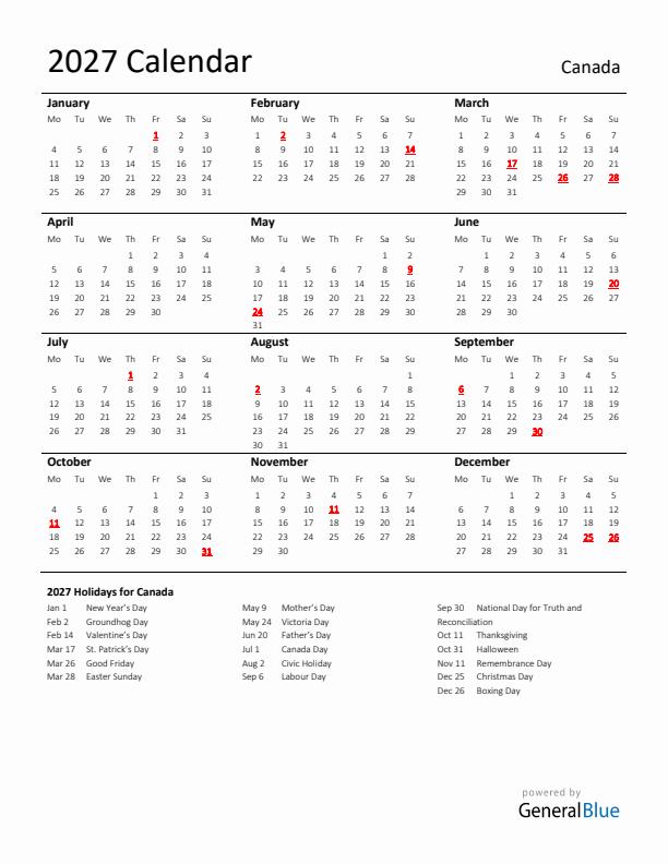 Standard Holiday Calendar for 2027 with Canada Holidays 