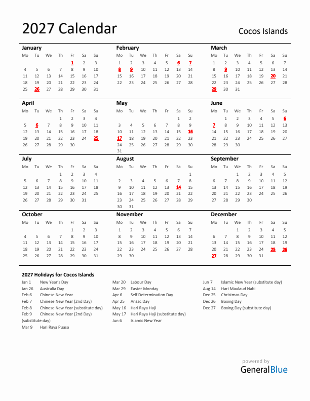Standard Holiday Calendar for 2027 with Cocos Islands Holidays 