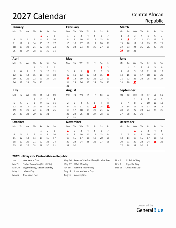 Standard Holiday Calendar for 2027 with Central African Republic Holidays 