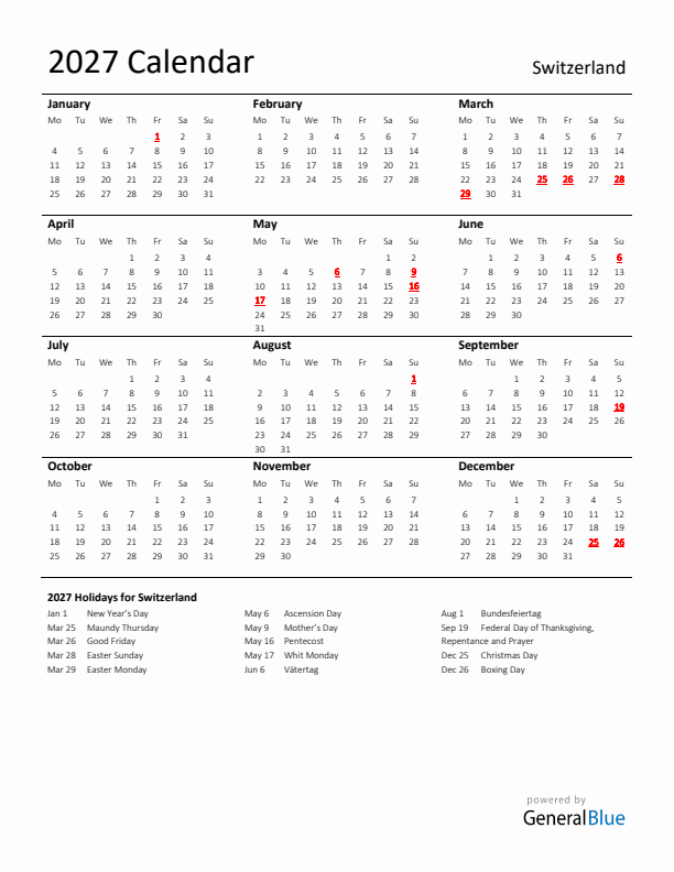 Standard Holiday Calendar for 2027 with Switzerland Holidays 