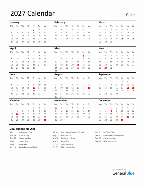 Standard Holiday Calendar for 2027 with Chile Holidays 