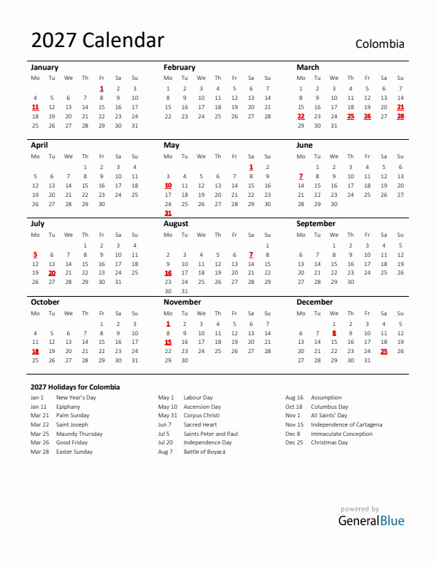 Standard Holiday Calendar for 2027 with Colombia Holidays 