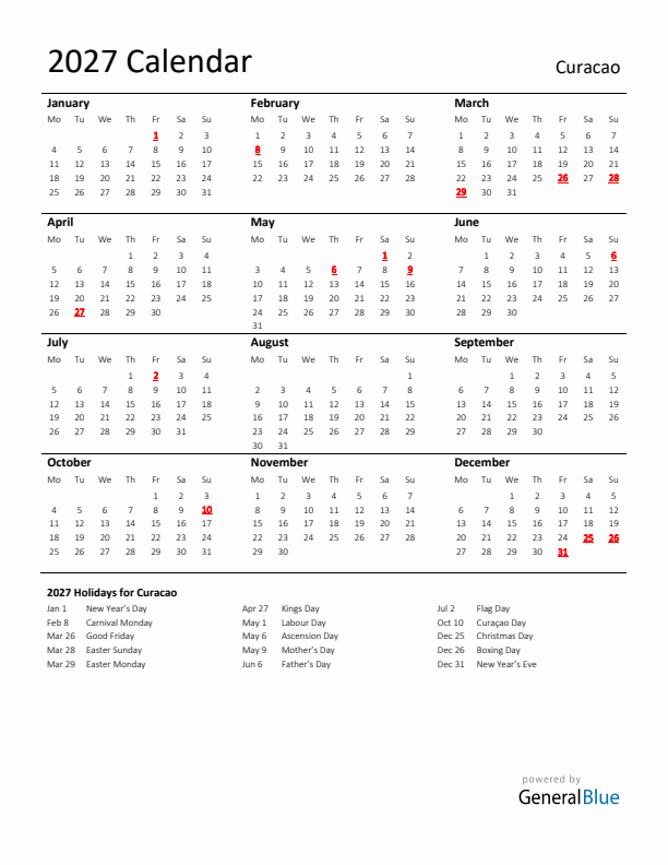 Standard Holiday Calendar for 2027 with Curacao Holidays 