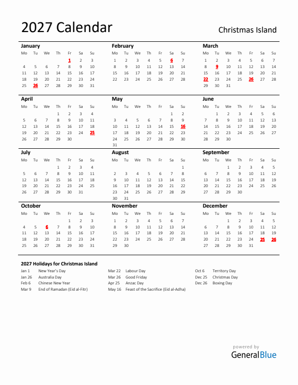 Standard Holiday Calendar for 2027 with Christmas Island Holidays 
