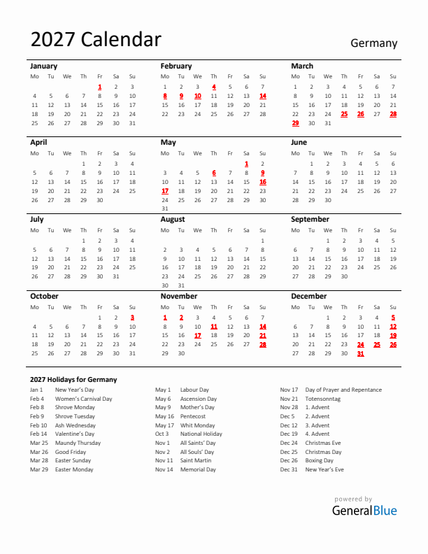 Standard Holiday Calendar for 2027 with Germany Holidays 