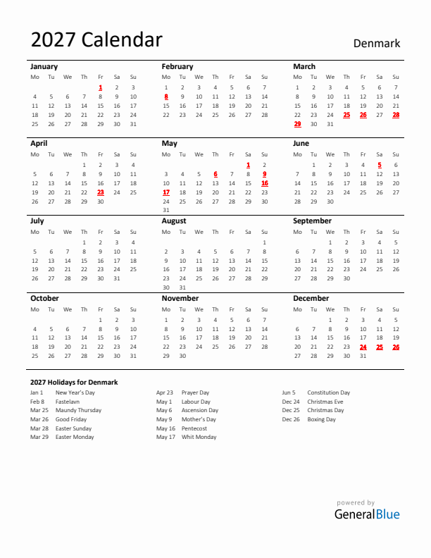 Standard Holiday Calendar for 2027 with Denmark Holidays 