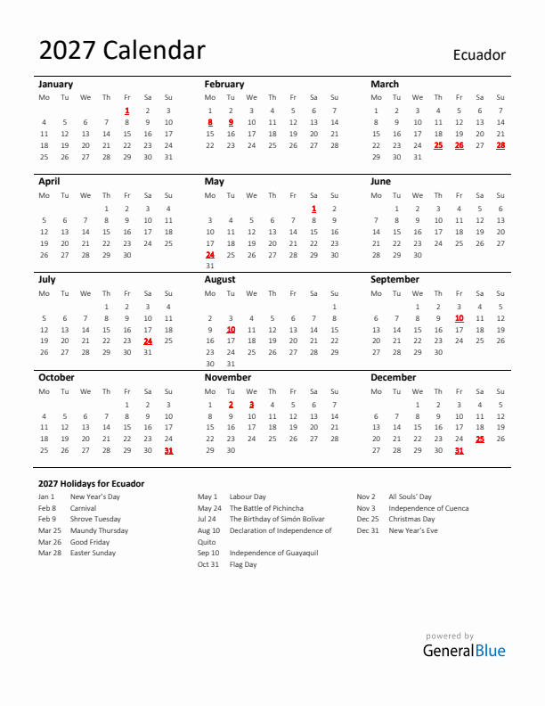 Standard Holiday Calendar for 2027 with Ecuador Holidays 