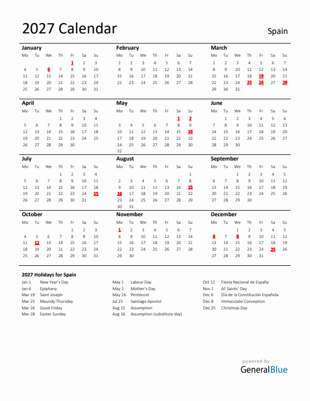 Standard Holiday Calendar for 2027 with Spain Holidays 