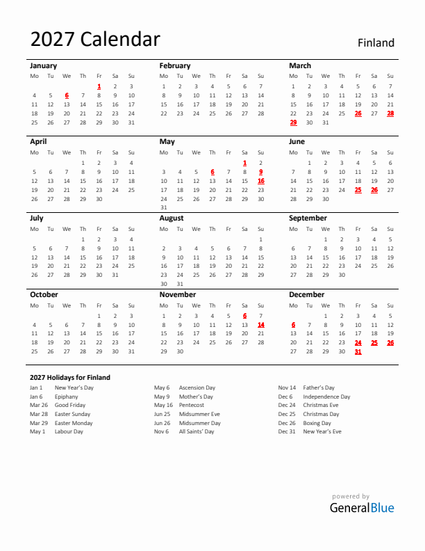 Standard Holiday Calendar for 2027 with Finland Holidays 