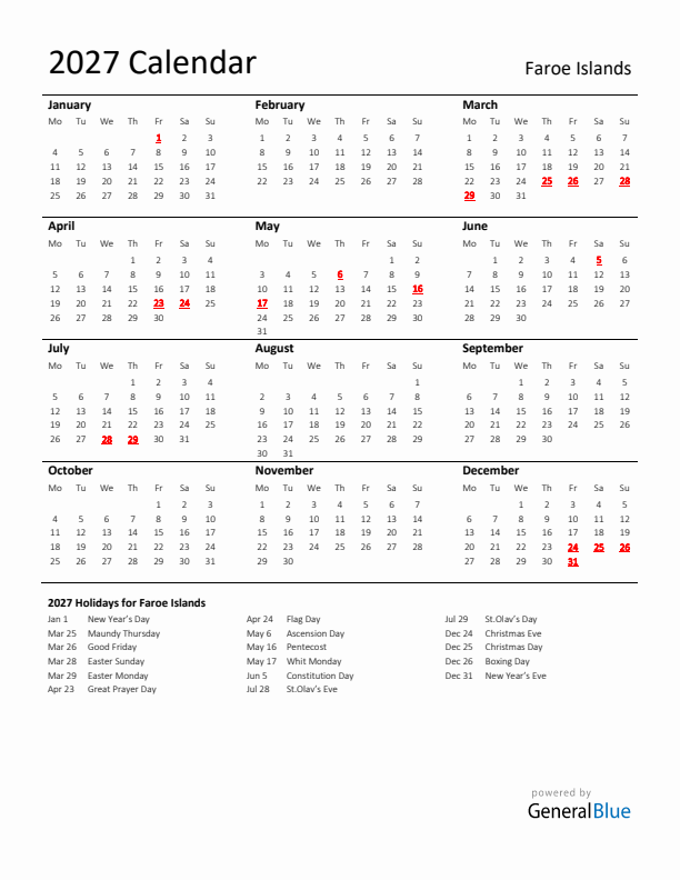 Standard Holiday Calendar for 2027 with Faroe Islands Holidays 