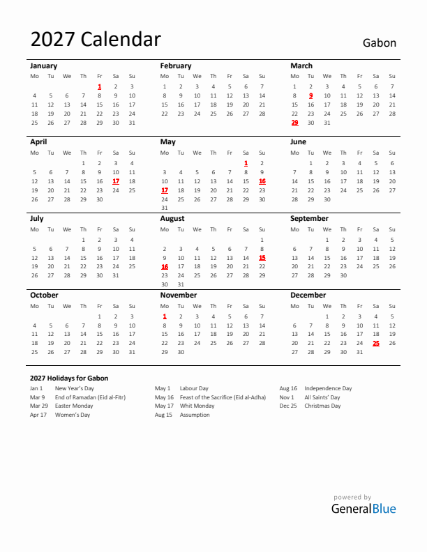 Standard Holiday Calendar for 2027 with Gabon Holidays 